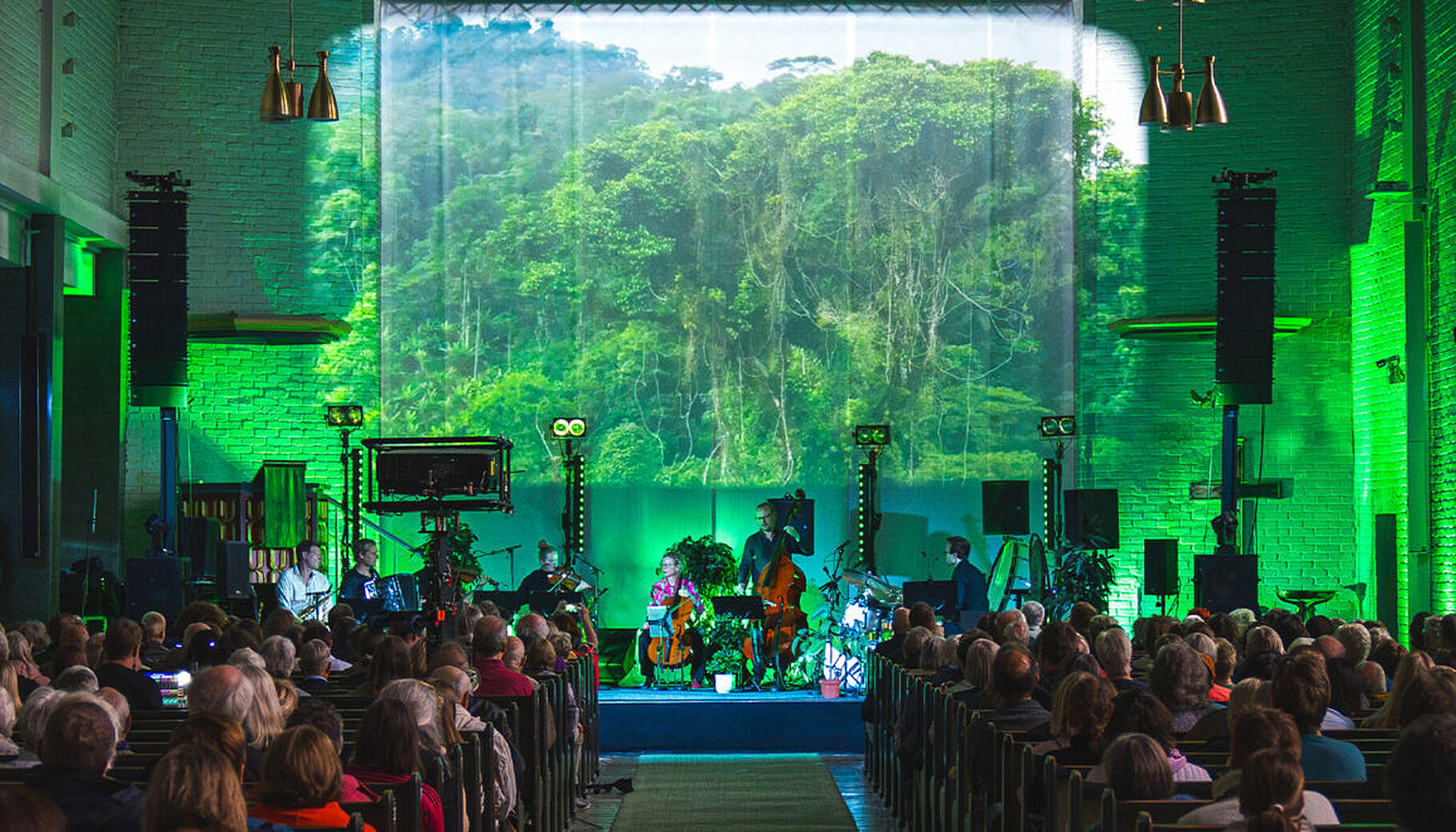 Som en del av kulissene projiseres bilder av regnskog, insekter og dyr på bakteppet. Foto: Istad Kraft Som en del av kulissene projiseres bilder av regnskog, insekter og dyr på bakteppet. Foto: Istad Kraft